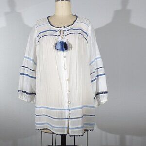 ✨4 for $20✨ J Jill Front Button Neck Tie Tunic Top White Blue S Bohemian Casual